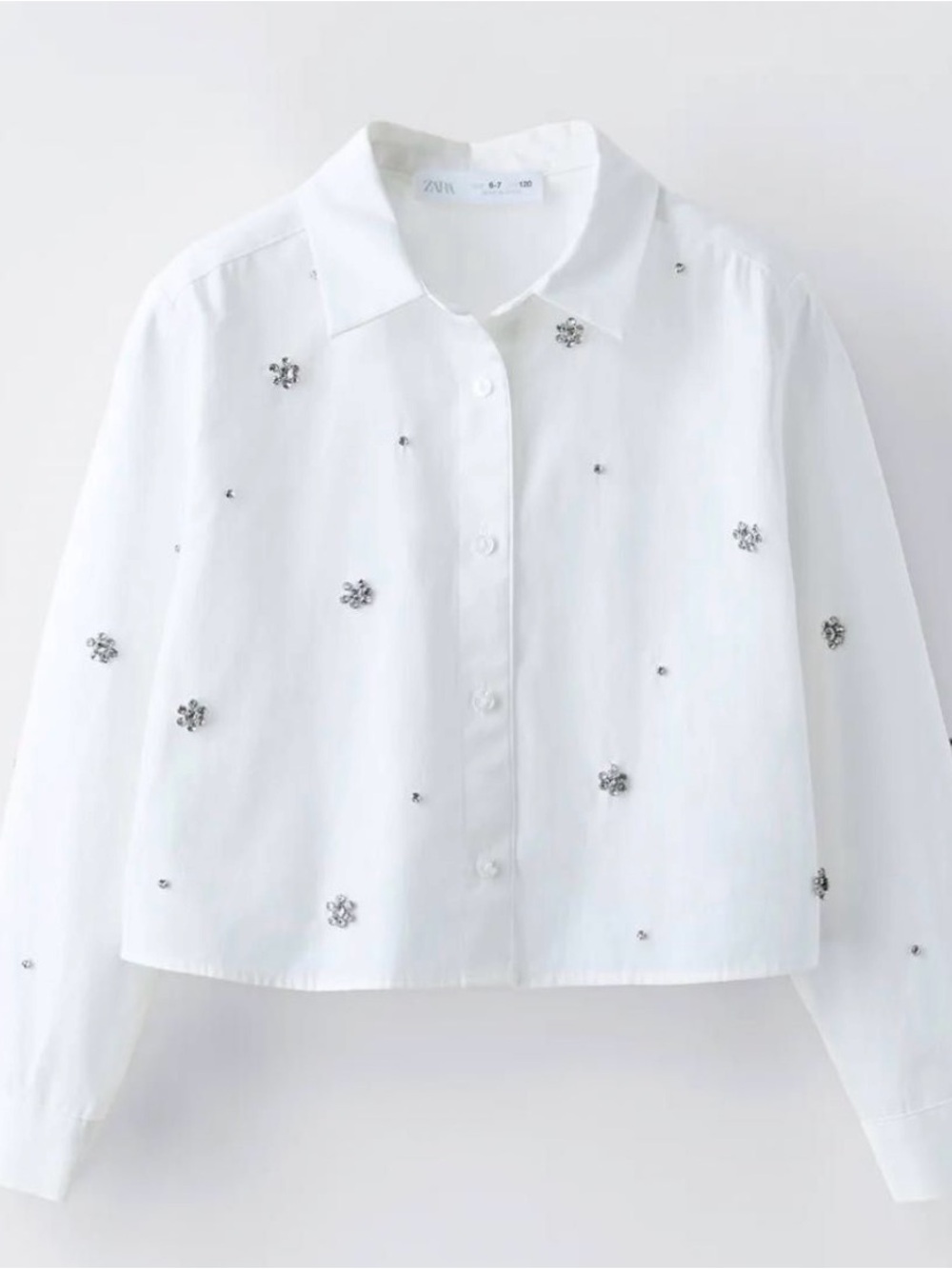 Zara White Button-Down Shirt with diamond Flower Embellishments